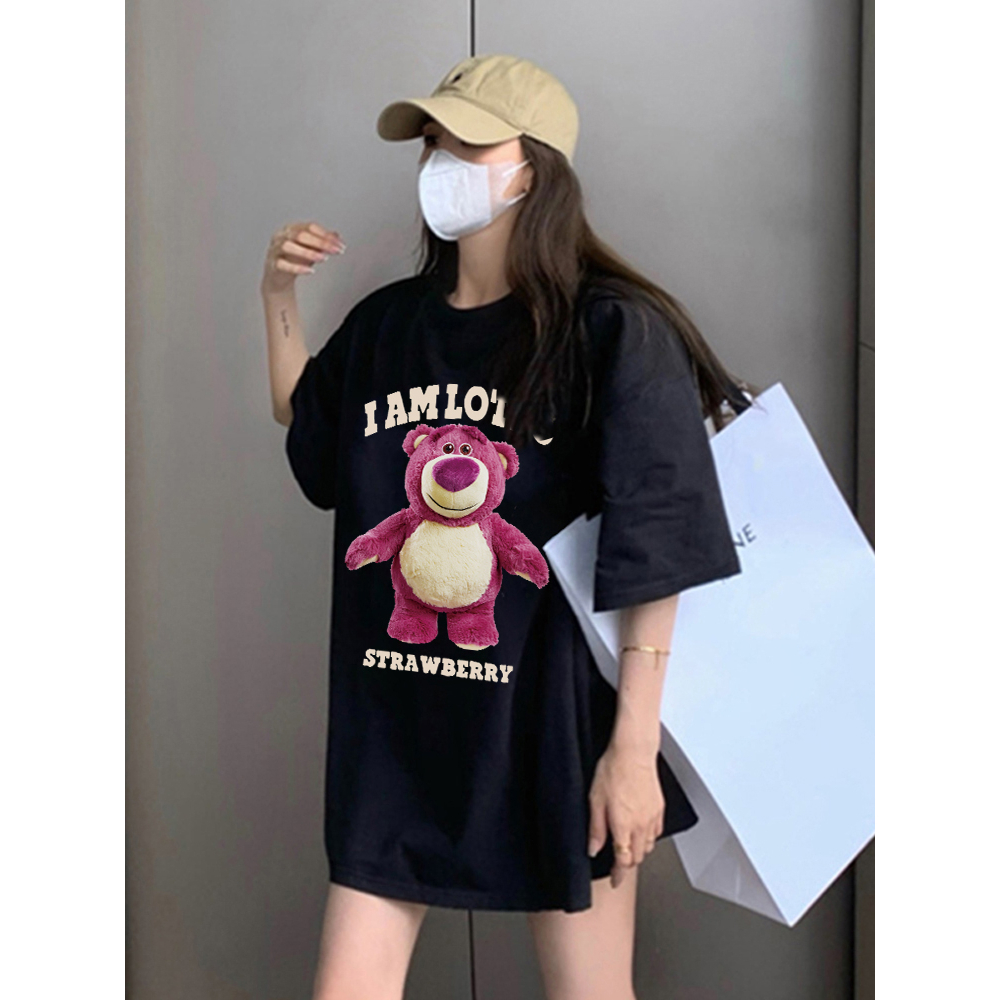 kaos atasan wanita korean style lengan pendek oversize Cute Bear graphic printing retro kaos hitam