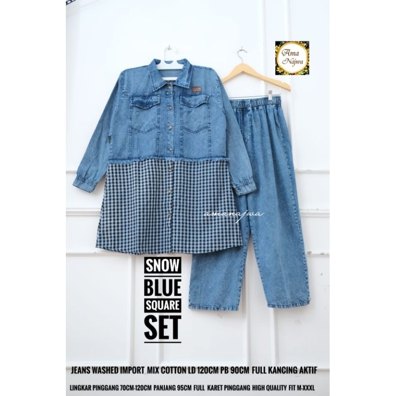 Snow Blue One Set Setelan Celana Blouse Polos Jeans Mix Katun Kotak Ld 120 Jumbo Fit XXXL BY Amj