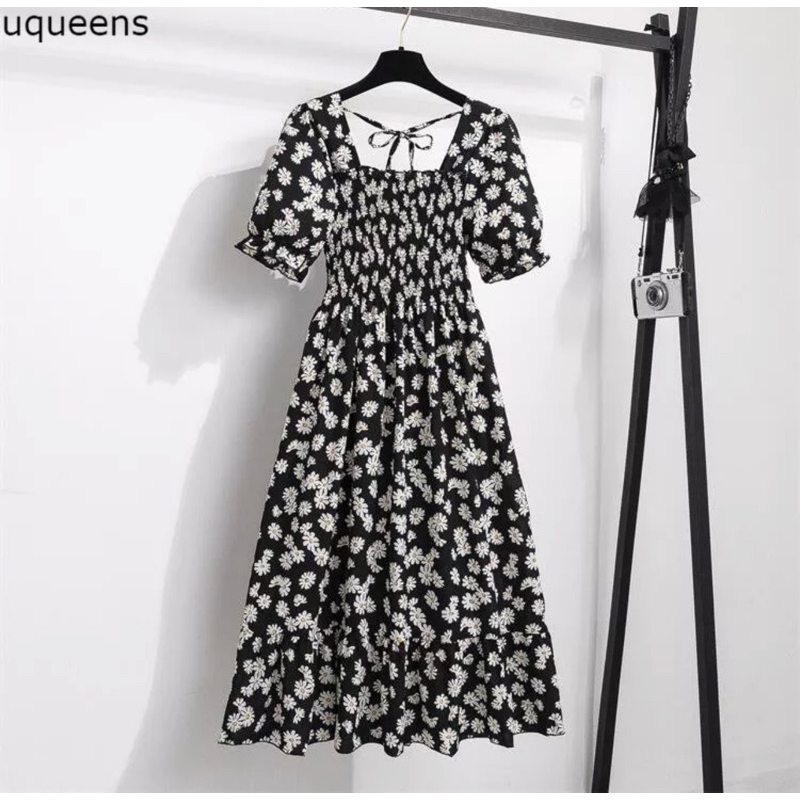 RD FASHION - SMOCKED DRESS / Gaun musim panas kasual baru Lengan pendek smocked dress lipit bunga dengan dasi belakang / gaun kasual A-line gaun smocked berlipat bunga lengan pendek-FLORA HITAM