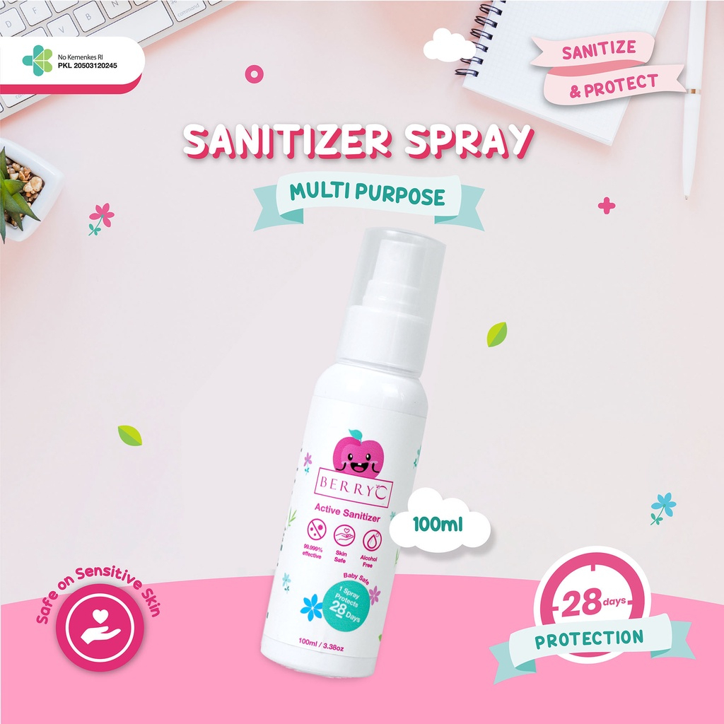 BerryC Active Sanitizer Spray 100ml Natural Food Grade Hand Antiseptik Non Alcohol Alkohol Aman untuk Bayi Anak Dewasa COVID19 HFMD Alat Makan Travel Size Refill Malaysia Halal Proteksi Protection Perlindungan Aktif Coronavirus Organik Harum Sensitif Skin