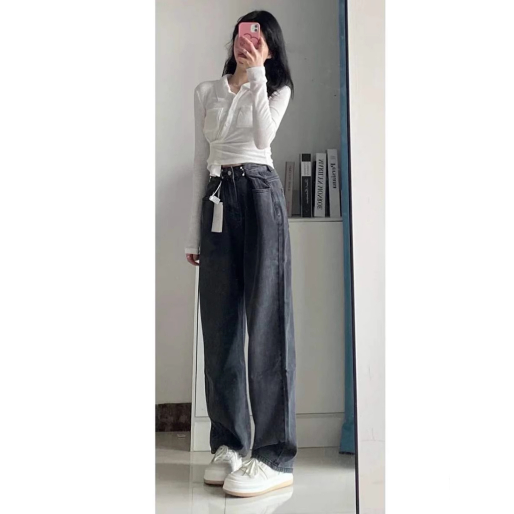 Denim celana wide-leg Wanita jeans high-waist loose Korean style celana panjang