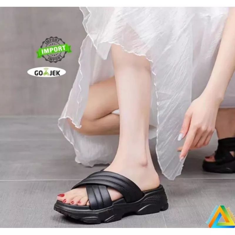 Sandal Wanita Selop Tali Silang Wedges Khusus Hitam/ Yt 9102-7