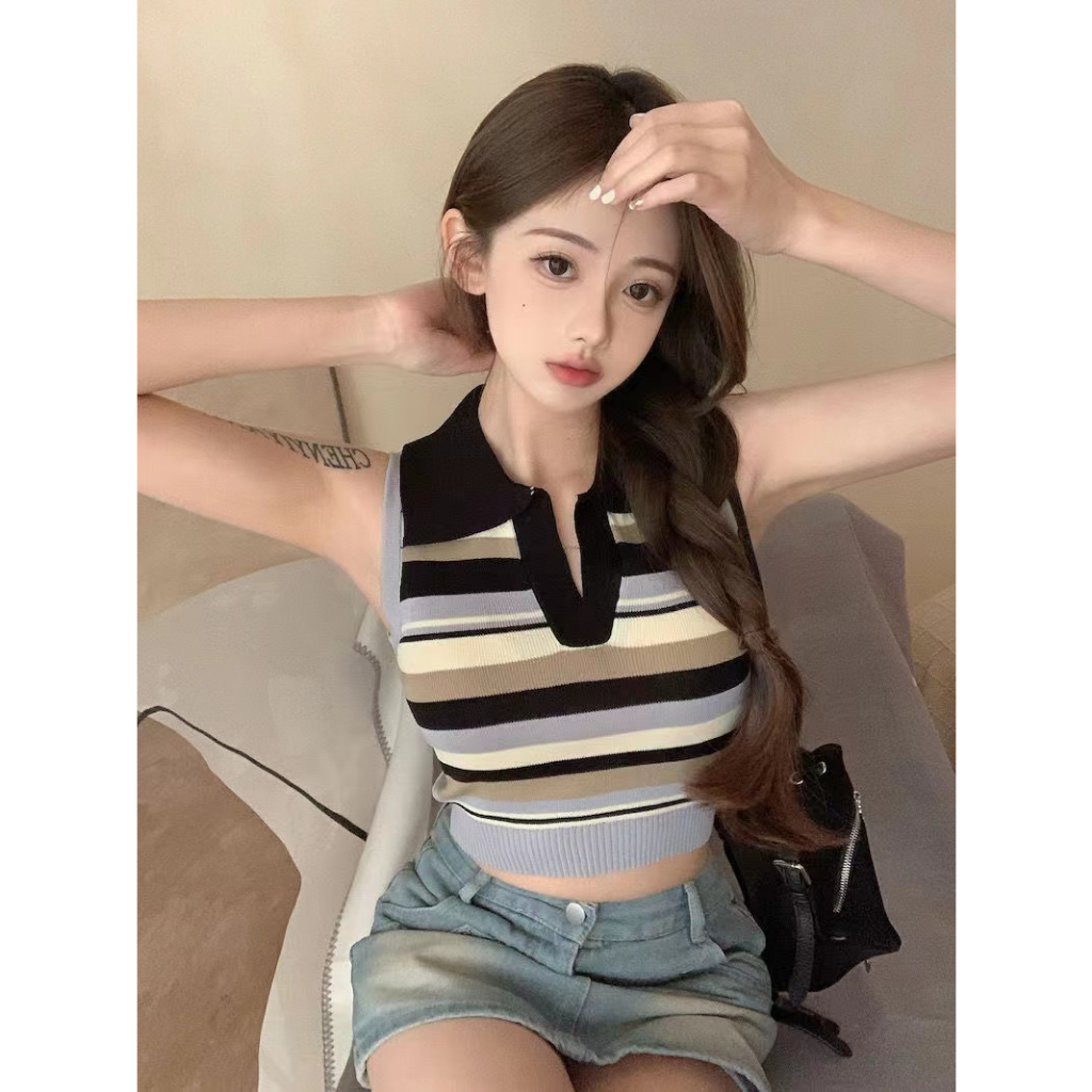 Dira TankTop Kerah Stripe Knit Korean - Atasan Wanita Rajut Import TM (82016)