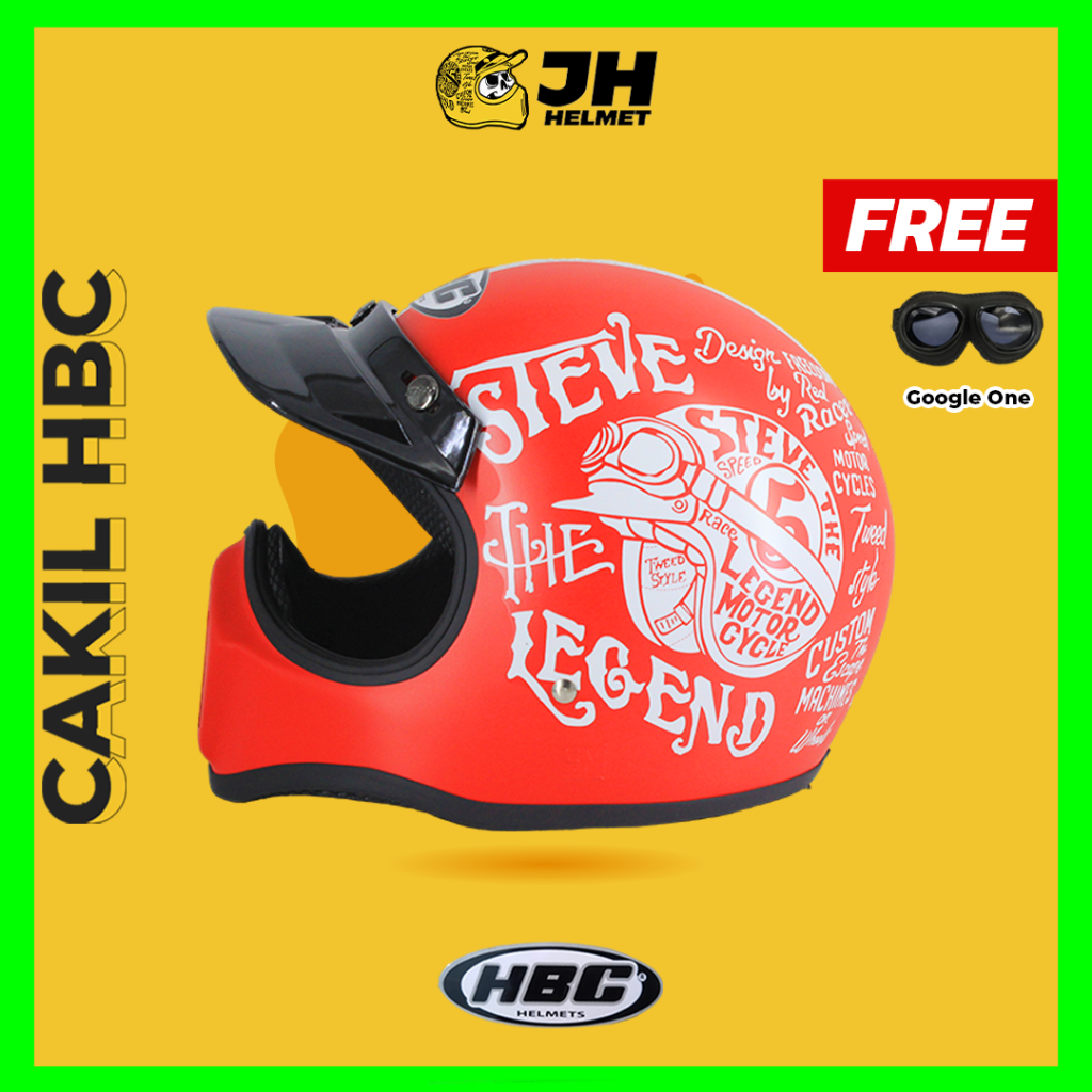 Helm Cakil HBC Steve Red Font White Doff + FREE GOGGLE | Retro Full Face | JUAL HELM