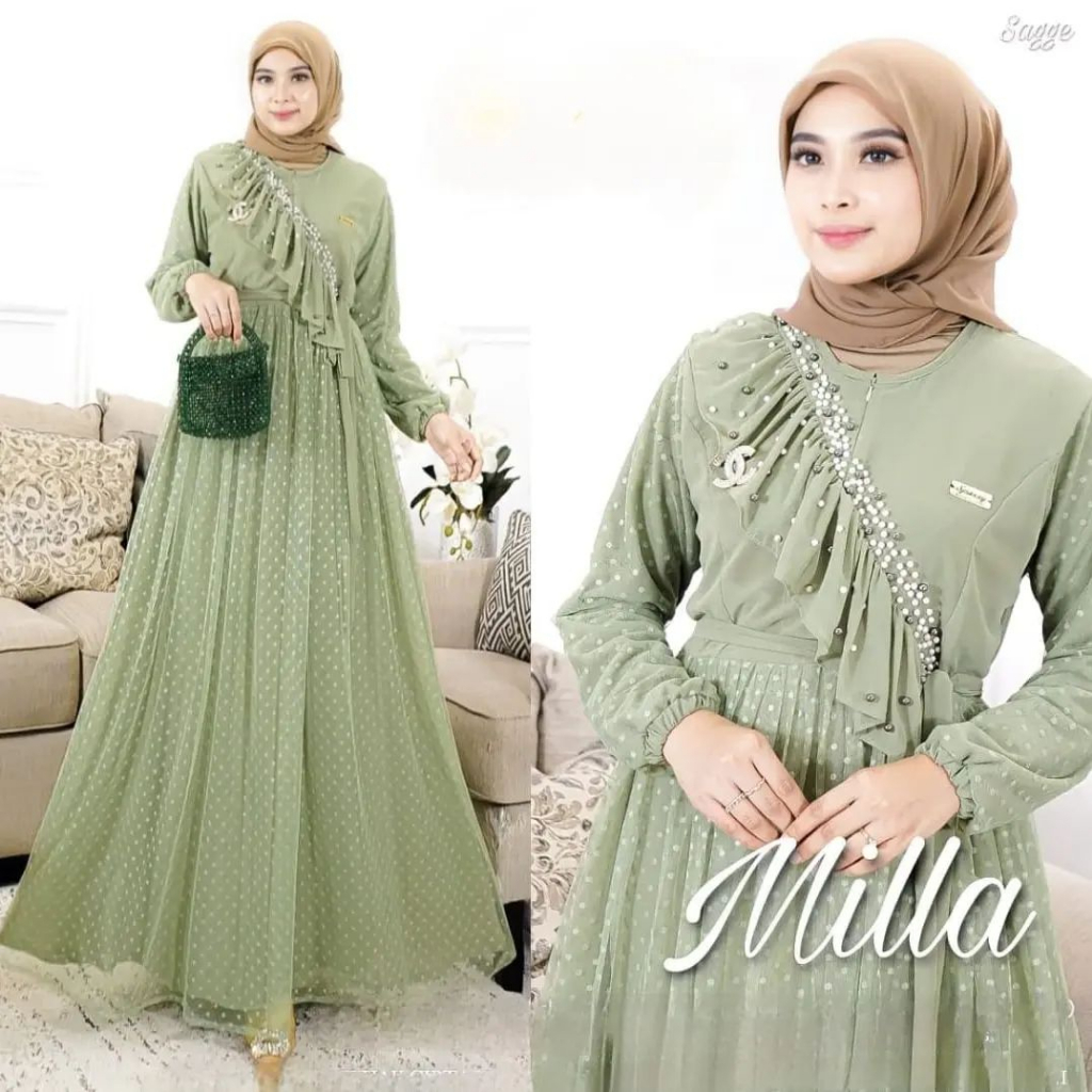 Milla Dress / Gamis Wanita Muslim Ceruty Babydoll mix Tille Dot Aksen Renda Bagian Dada / Gamis Pest