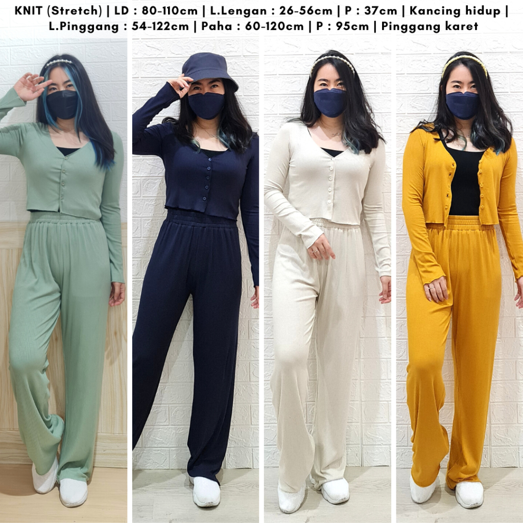 4388 seirene knit one set button long sleeves one set rib polos stelan rajut wanita cardi