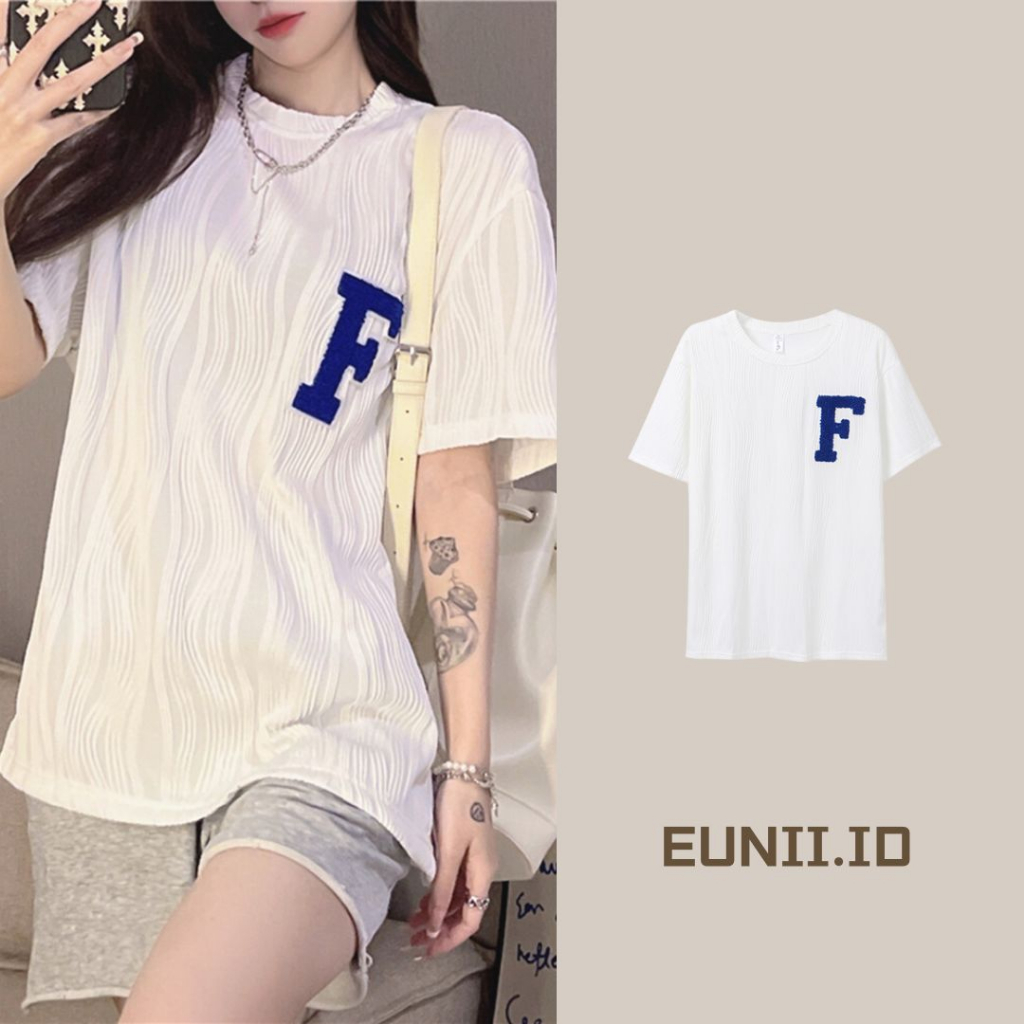 EUNII Korean Style T-shirt Wanita  Lengan Pendek Vintage Bordir Oversize Atasan Wanita