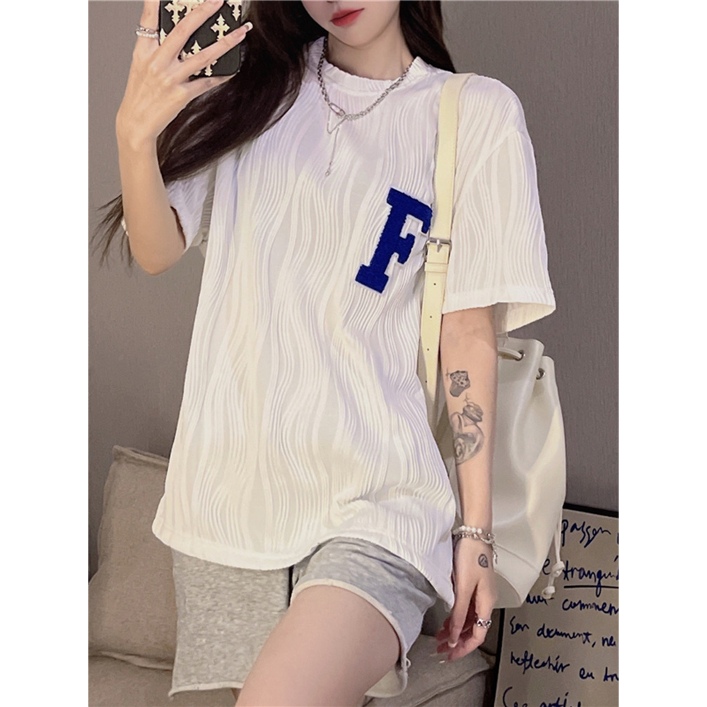 EUNII Korean Style T-shirt Wanita  Lengan Pendek Vintage Bordir Oversize Atasan Wanita