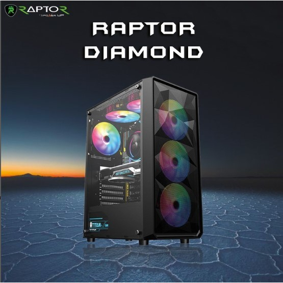 Casing Gaming PC Power Up Raptor Diamond Atx / Micro-Atx Free 3 fan RGB With Tempered Glass