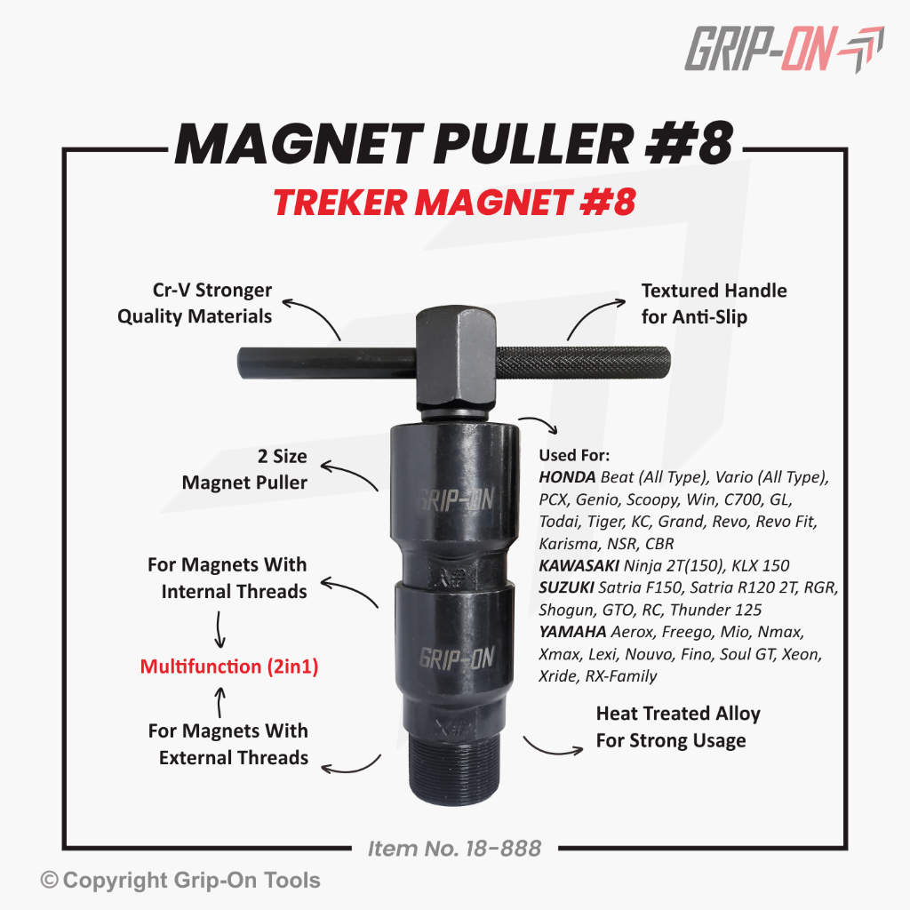 Grip-On Magnet Puller #8 Hybrid Treker Magnet 2 Tipe Untuk Motor Honda Kawasaki Suzuki Yamaha Multifungsi 2 IN 1