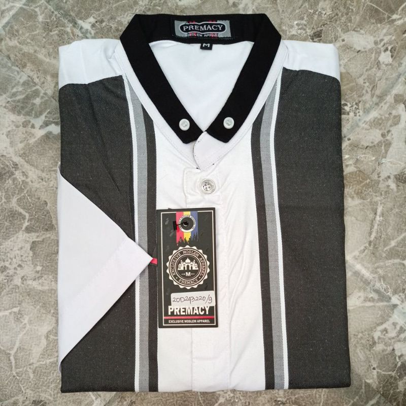 SURABAYAOS17 - PREMACY - Baju Koko Katun Dewasa Putih Motif Garis-garis Hitam Kerah Mandarin Lengan 