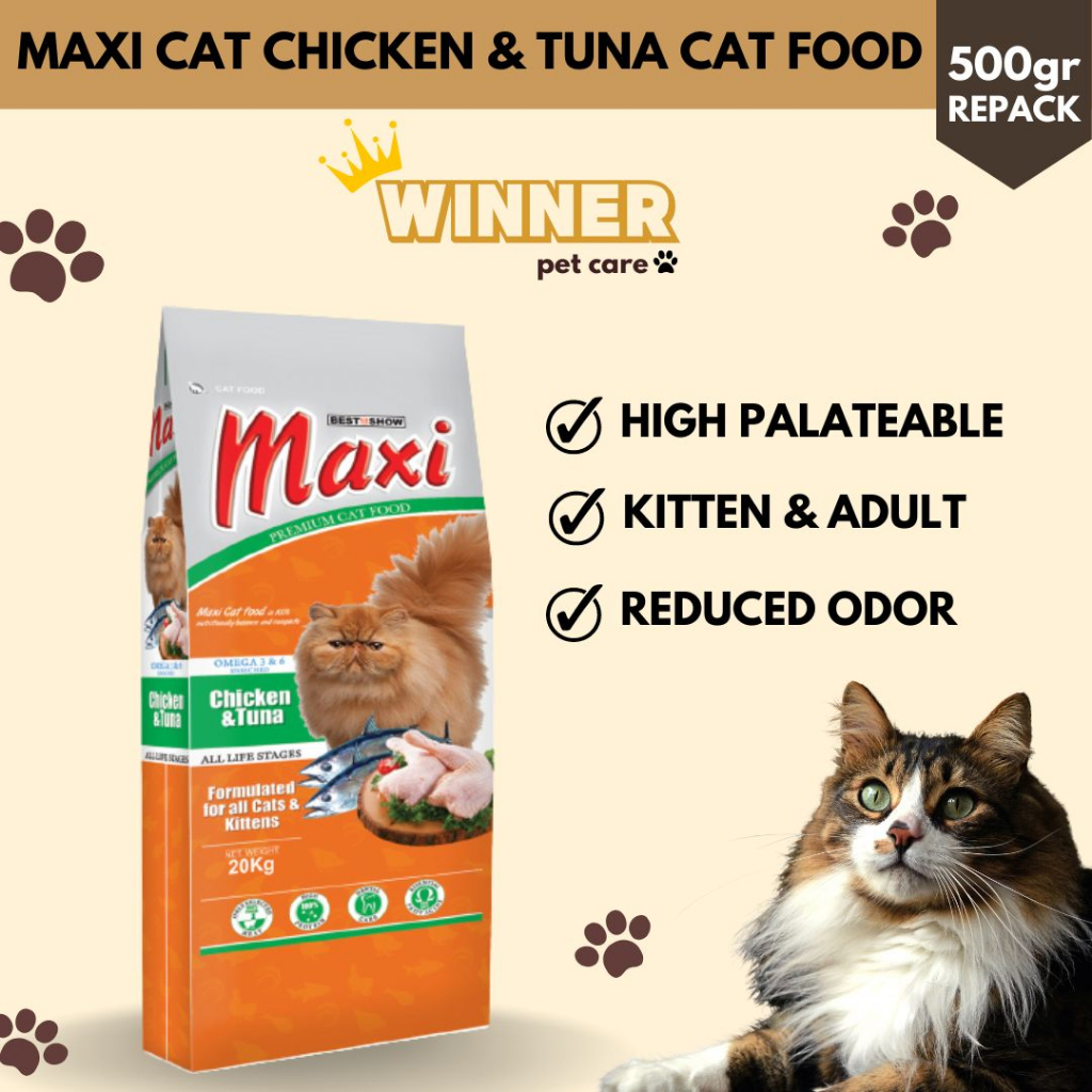 Best In Show Maxi Cat Chicken &amp; Tuna Makanan Kucing Repack 500gr