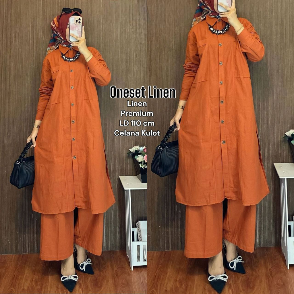 Shella One Set Wanita Tunik Linen Premium Setelan Wanita Lengan Panjang Set Tunik Celana Kulot Kekinian LD 110 cm