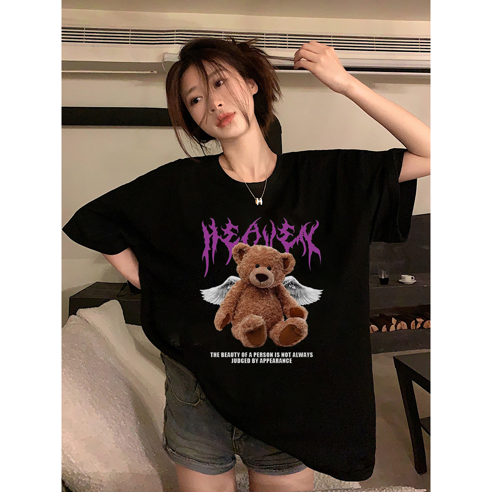 Kaos Atasan Wanita Lengan Pendek Oversize Bear Printed T-shirt Baju Wanita Kekinian Korean Style 001