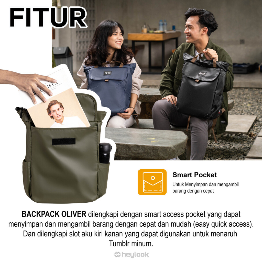 HEYLOOK Project  - Tas Ransel Laptop OLIVER Waterproof Backpack Pria Wanita Tas Leptop 14 - 16 inch Anti Air Tas Sekolah Tas Kuliah Perempuan Tas Punggung Tas Kerja Cowok Terbaru