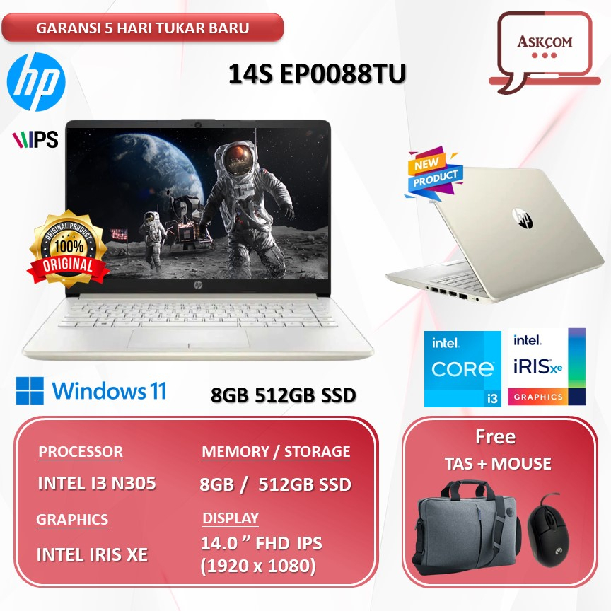 Laptop HP 14S EP0088TU I3 N305 8GB 512GB SSD W11 OHS2021 14.0FHD IPS BLIT