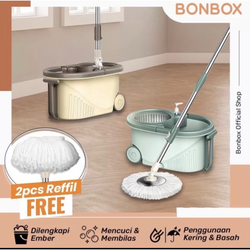 Bonbox Alat Pel Lantai putar Kain Fiber dengan Ember Spin Mop Mencuci dan Membilas Alat Pembersih Lantai BCT704-GREEN BCT704-KHAKI BM-001 SCM016 BCT-001 SCM012 RODA murah