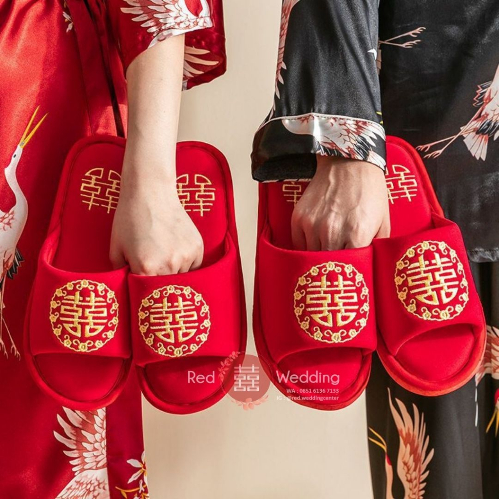 [Xi Bingkai Bunga] Sandal MERAH Pengatin Groom /Bride  Sepatu Wedding Bahan dengan Bordir Tulisan Shuang Xi Sanghi