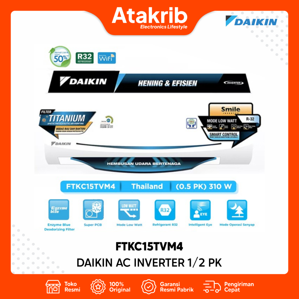 DAIKIN AC INVERTER 1/2 PK FTKC15TVM4