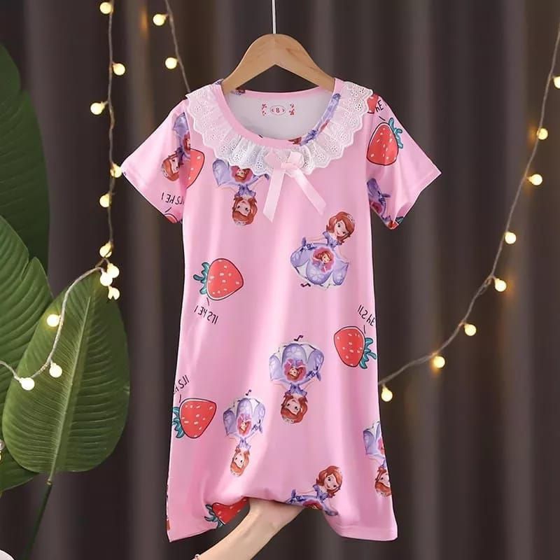 [5-12Th] baju tidur daster dress leher renda kartun karakter import 5 6 7 8 9 10 11 12 tahun xs-0308r / piyama daster anak import printing karakter kartun 5 - 12 tahun