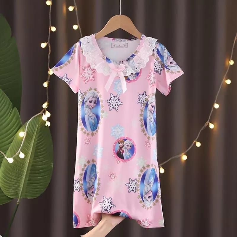 [5-12Th] baju tidur daster dress leher renda kartun karakter import 5 6 7 8 9 10 11 12 tahun xs-0308r / piyama daster anak import printing karakter kartun 5 - 12 tahun