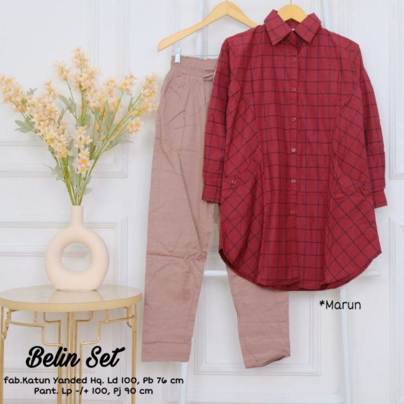 BELIN SET SETELAN WANITA BAJU TUNIK KOTAK CELANA POLOS