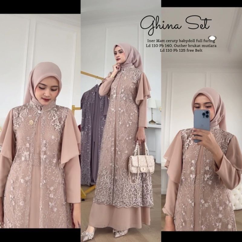 BISA COD' GINA SET DRESS + OUTER Bahan Ceruti Babydoll Mix Brukat Set Gamis+Rompi Oneset 2IN1 Setela