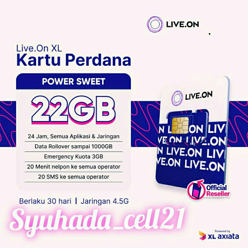 Kartu perdana XL live.on 22GB(16+5+1)/30 hari full 24jam