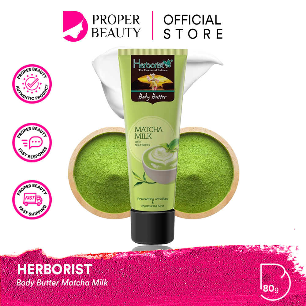 HERBORIST Body Butter Matcha Milk Indonesia / 80g /  Shea Butter / Preventing Wrinkless &amp; Moisturize Skin / Melembabkan Mencerahkan Menutrisi / Strawberry Sorbet Frangipani Chocolate Coconut Zaitun Mango Banana / Skincare Care Lotion Gel Scrub Kulit Tubuh