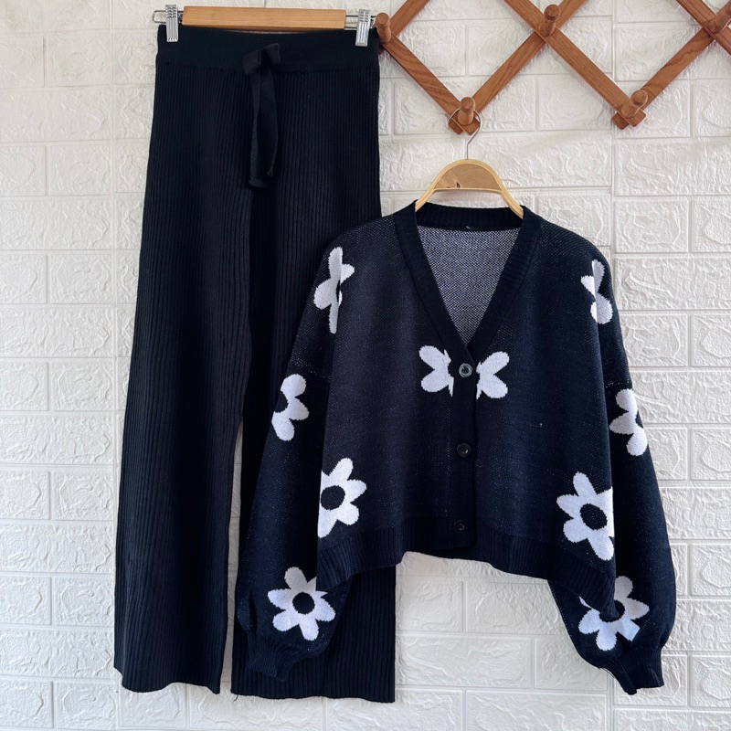 ONESET CARDIGAN KANYA FLOWER SETELAN CELANA KULOT WANITA