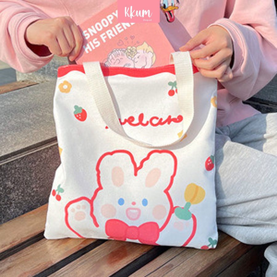 Totebag kanvas kartun korea wanita/ Tas kuliah remaja cute