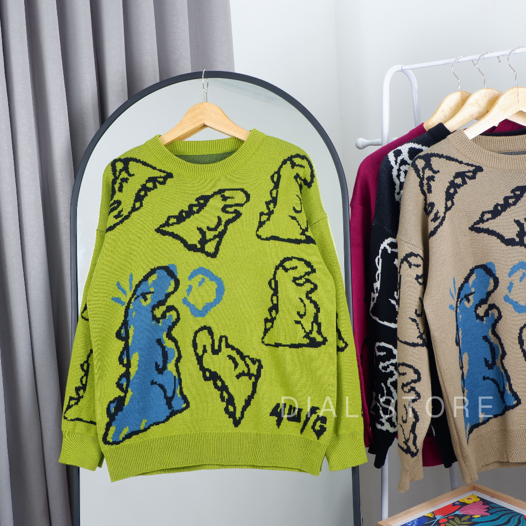 Dino Sweater Rajut Wanita Oversize | Sweater Blouse Motif Dinosaurus | ATASAN RAJUT OVERSIZE WANITA 