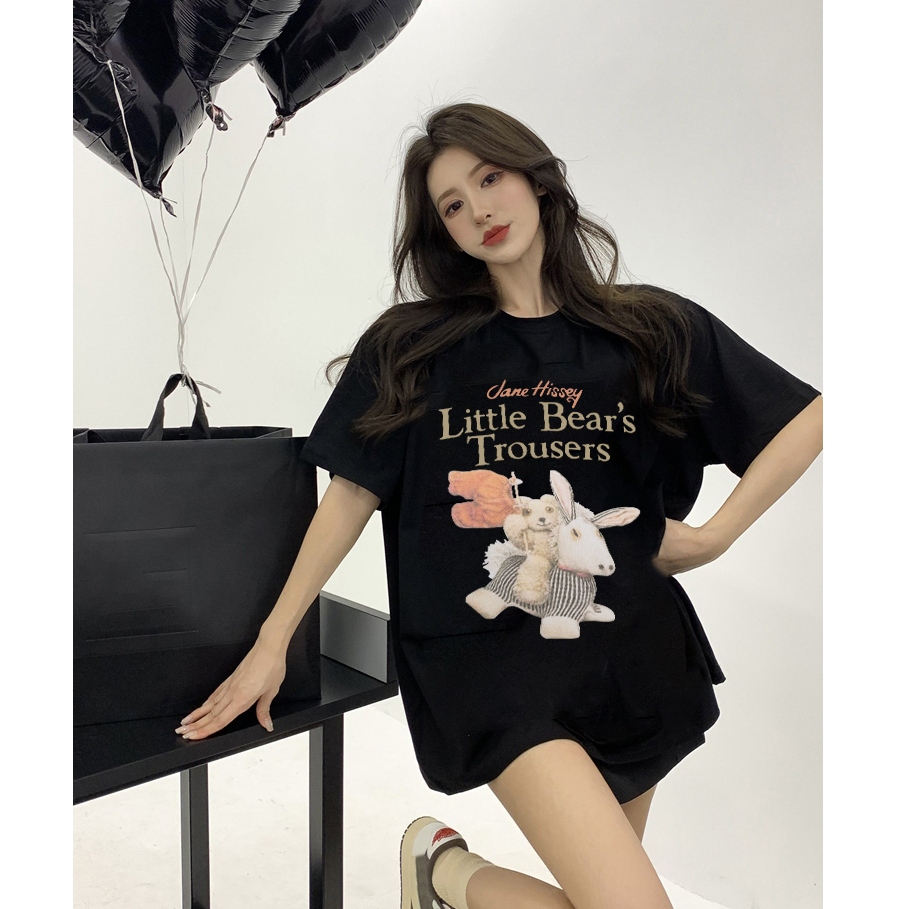 kaos hitam oversize wanita/korean style cartoon letter graffiti kaos basic import lengan pendek baju kaos