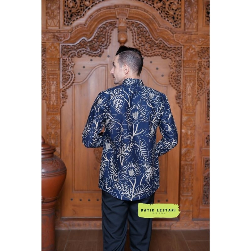 MEKAR NAVY Baju Kemeja Batik Pria Lengan Panjang Slim Fit Premium Modern Full Furing Katun Halus