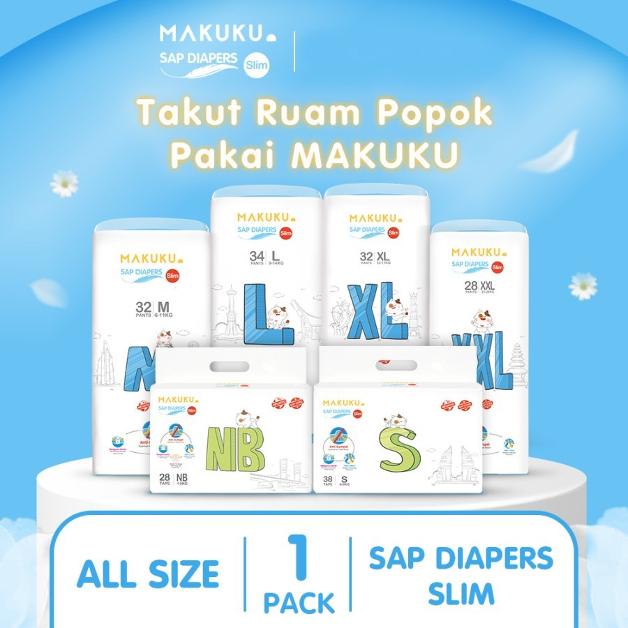 MAKUKU Slim NB28 S38 M32 L34 XL32 XXL28 Air Diapers | Popok Bayi Tipis Daya Serap Tinggi