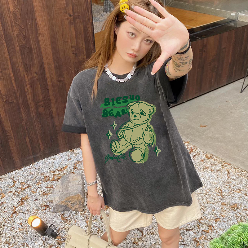 Print T-shirt Kaos Lengan Pendek Cartoon BIESUO Bear Oversize Atasan Wanita Korean Style
