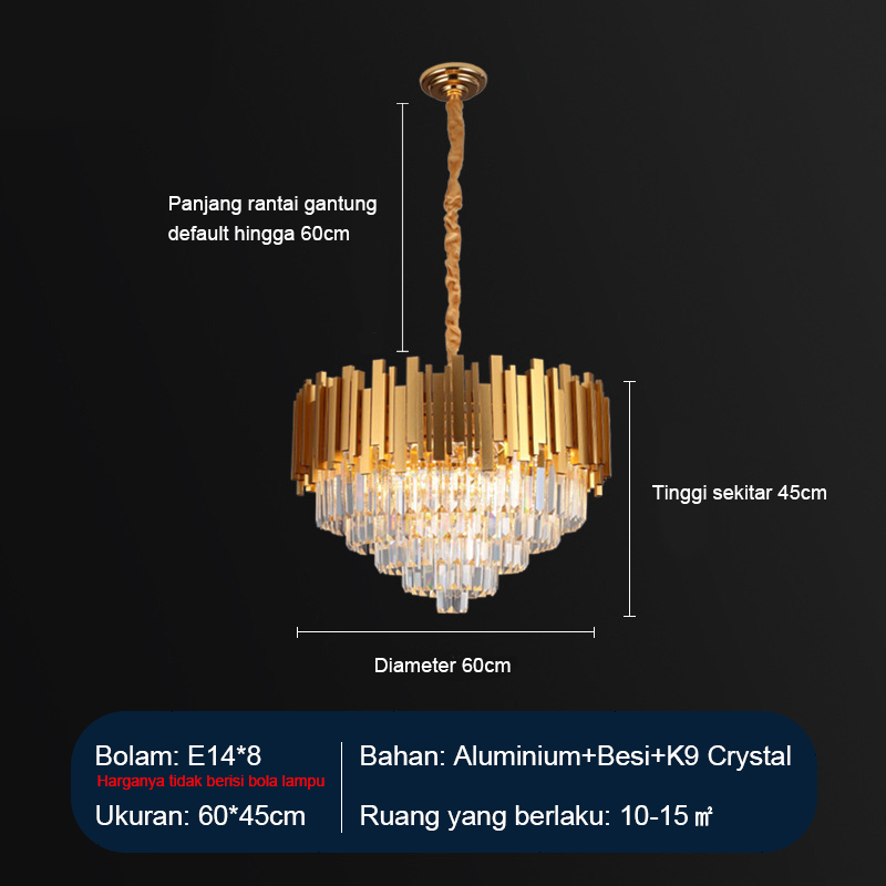 Lampu Gantung 60cm Kristal Chandelier Mewah Gold/Black Crystal Chandelier Gaya Nordik Minimalis Modern Lampu Ruang Tamu Hias Gantung