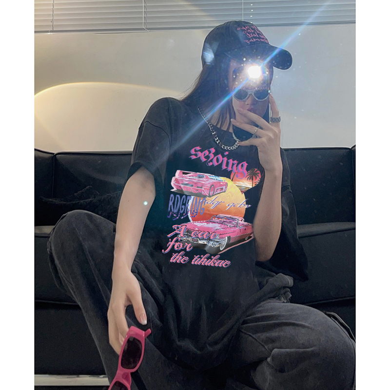 EUNII T-shirt Lengan Pendek Black Washed Retro Cartoon Pink Car Printing Korean Style/Kaos Atasan Wanita/Baju Wanita/Kaos Wanita