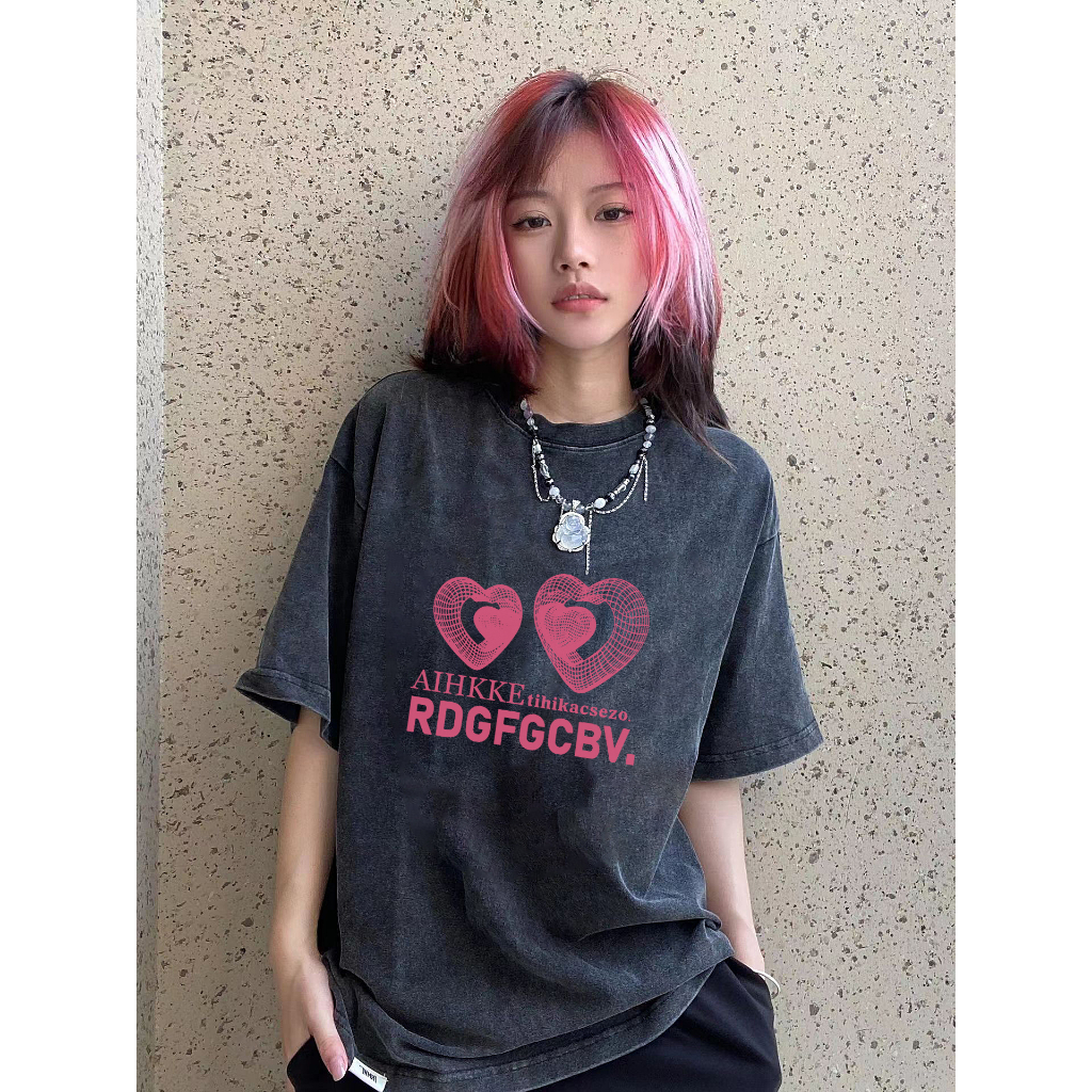 EUNII T-shirt Lengan Pendek Black Washed RDGFGCBV Pink Heart Printing Korean Style/Kaos Atasan Wanita/Baju Wanita/Kaos Wanita