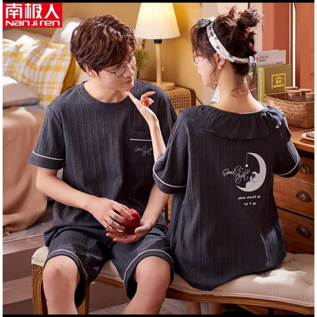 RULIF Setelan Couple Piyama Baju Tidur Lengan Pendek Celana Pendek Bahan Kaos Rib import