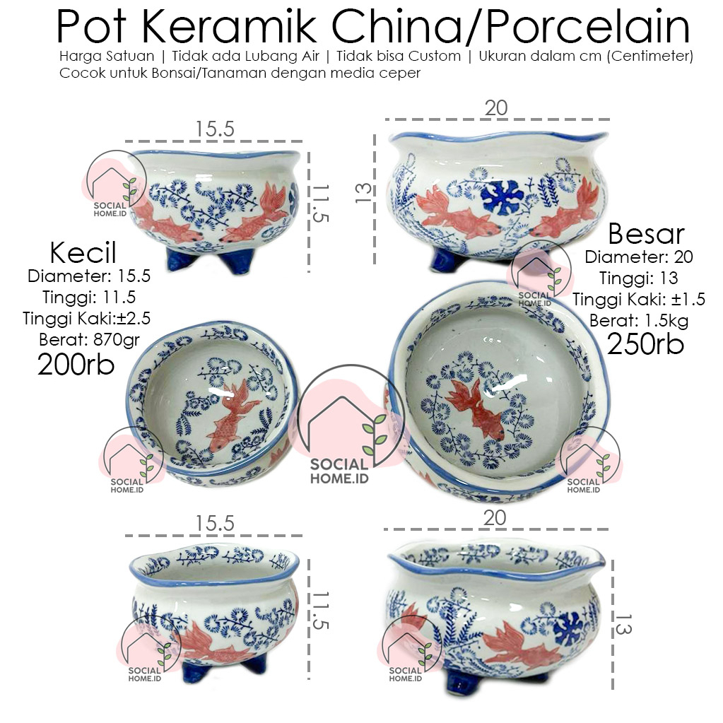 Pot Tanaman Keramik China Ceper Kaki Motif Ikan Koi, Biru Putih Merah, Porcelain, Porselain Bonsai