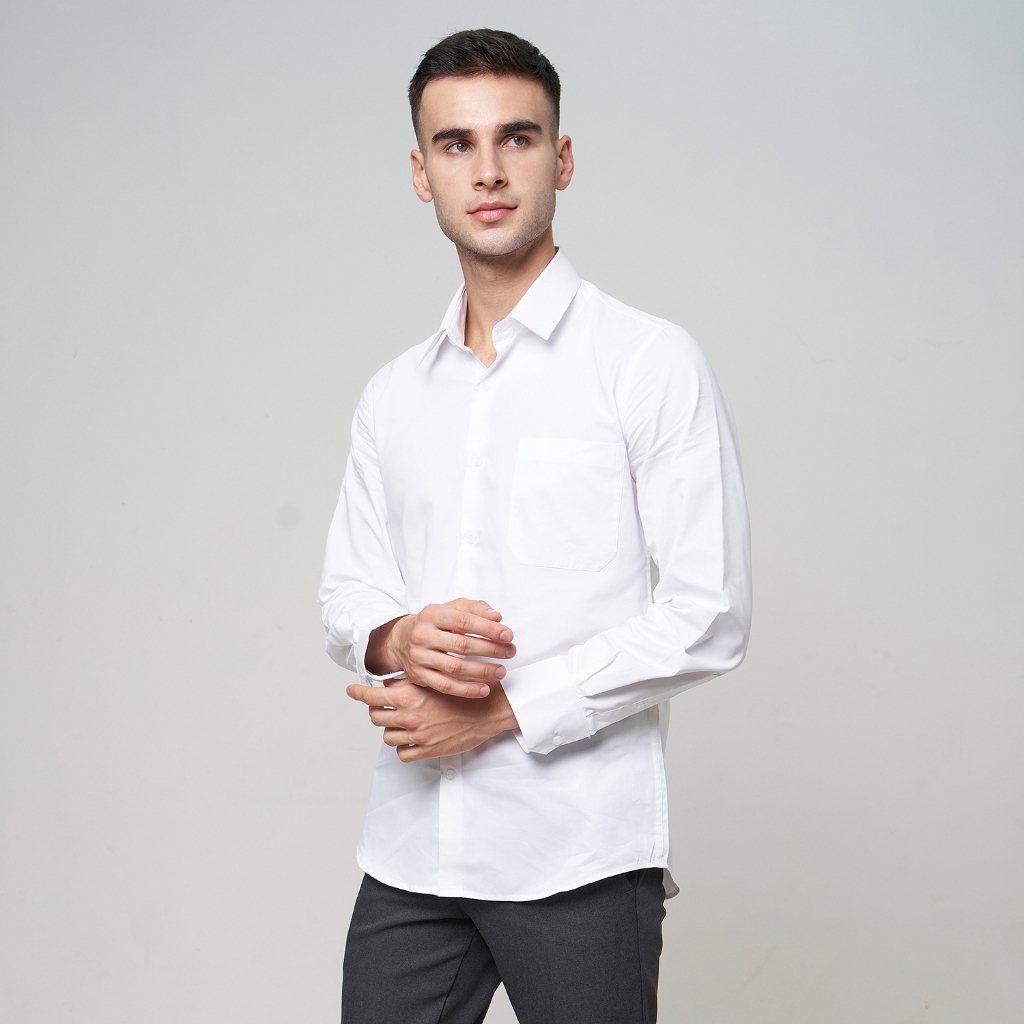 Kemeja Kerja Pria Formal WD &amp; Co. Slim Fit White / Putih Polos Bahan Oxford Lengan Panjang | Hem Pria Ukuran Jumbo Big Size | Kemeja Dalaman Jas