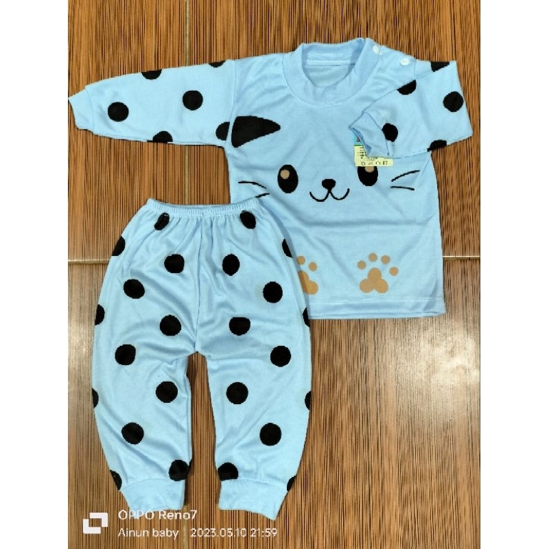 Setelan Baju Bayi Panjang Kancing Pundak Motif Kucing Garis