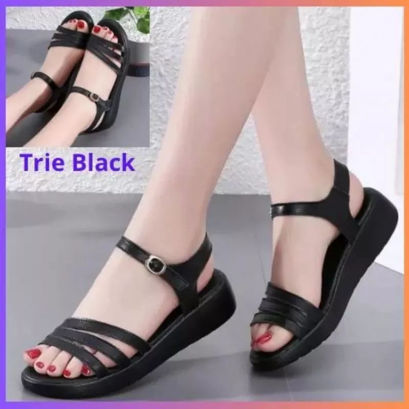 Sandal wedges wanita model terbaru tali belakang (TrieBlack)