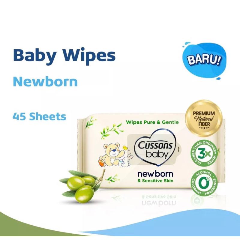 Cussons Baby Sensitive Wipes Baby / Tissue Basah Bayi / Tissu Basah Bayi - Cussons Tisu Basah Sensitif Newborn Organic Olive Oil Premium Pure Water 45S