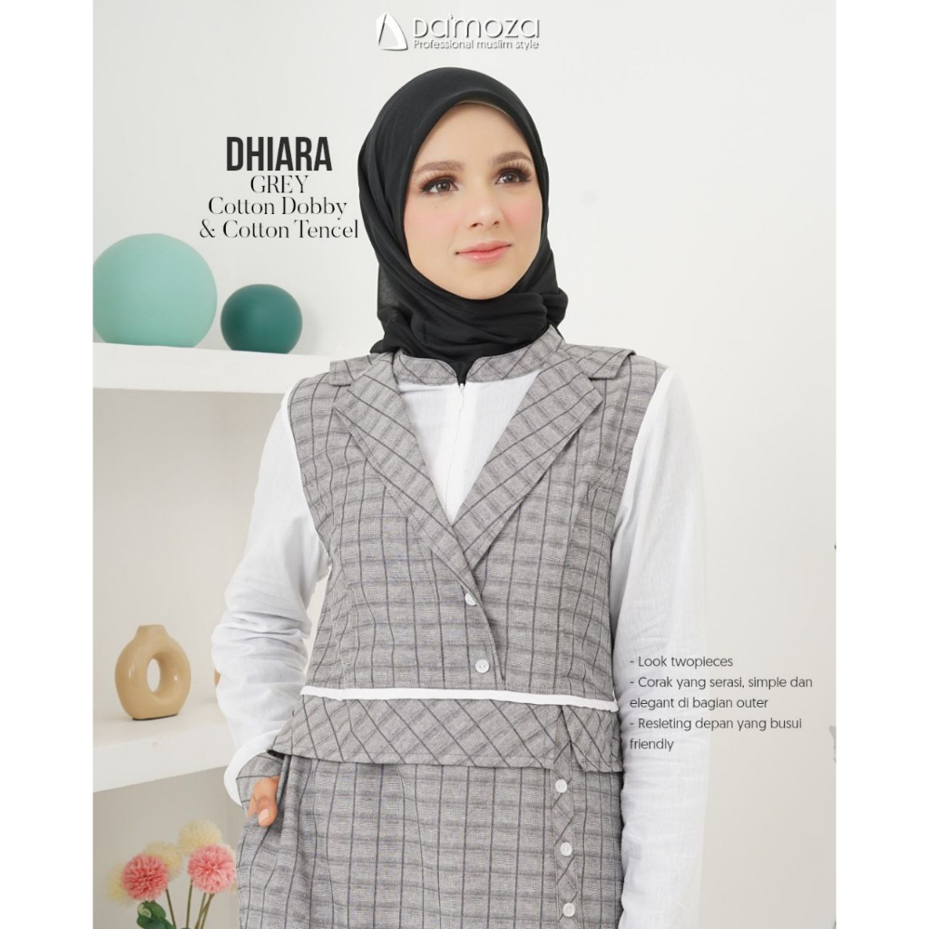 DAMOZA 100% ORI | Dhiara Grey - White | Gamis Damoza