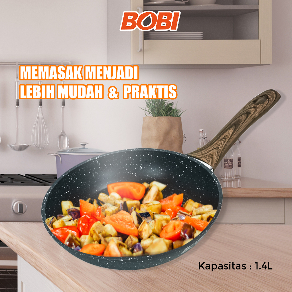 Frypan Cookware kode BB-F-20  atau Wajan Tebal 20cm Pegangan Kayu Anti Lengket / Frypan + Spatula (Warna Random)