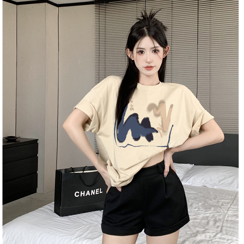 kaos wanita korean style/baju oversize blue brush motif graffiti kaos cream kekinian kaos basic