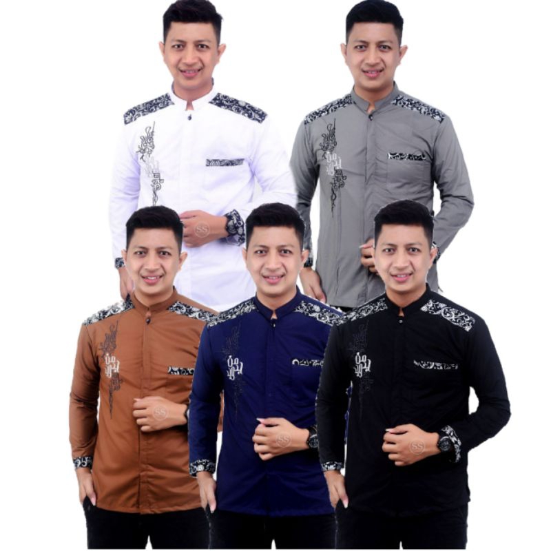 Baju Kemeja Koko Pria Dewasa Lengan Panjang Koko Bordil Kombinasi Batik M L XL XXL