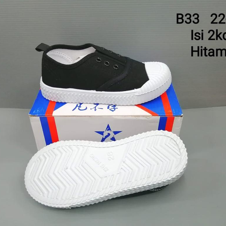 Sepatu Sneakers Anak Hitam Putih Model Slip On Tanpa Tali N&amp;B Sol Putih Unisex Ukuran 22-38 / B33